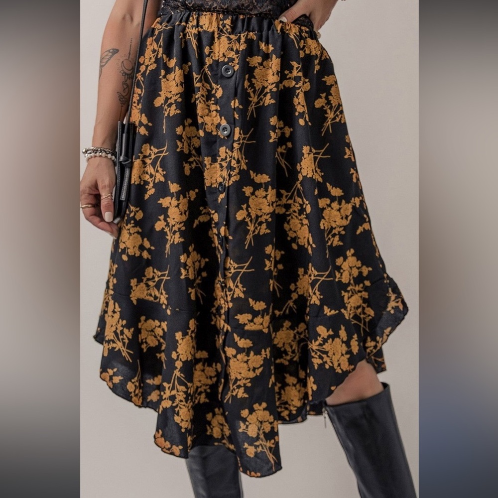 Shein Black Gold Floral Buttoned Ruffle Hem Skirt Sz XL